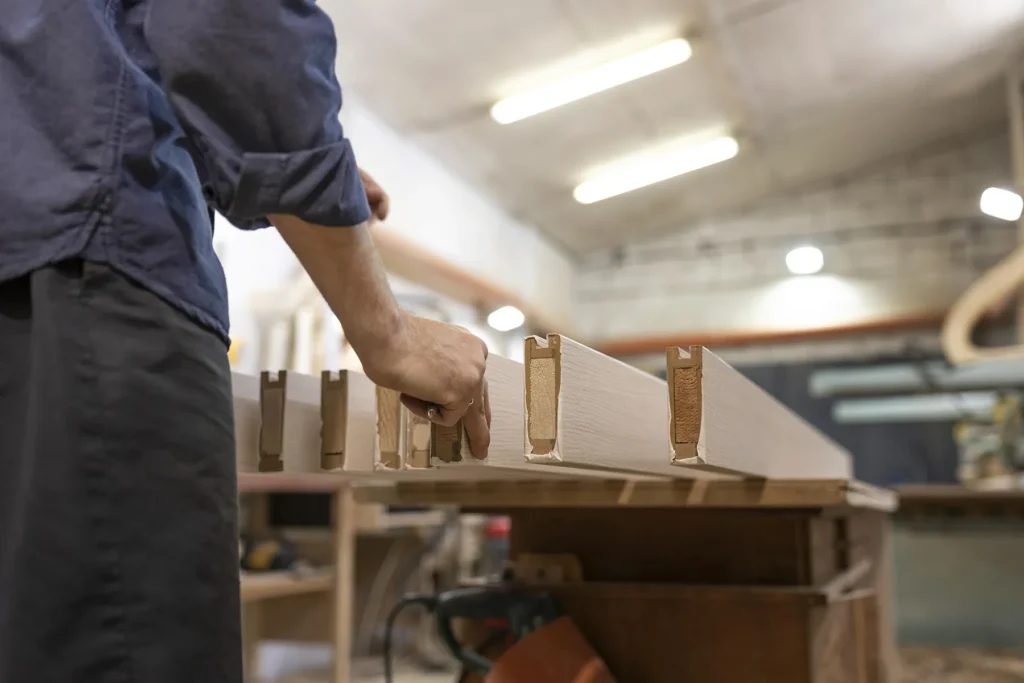 Professional carpenter working with wood in Ineks Design furniture workshop